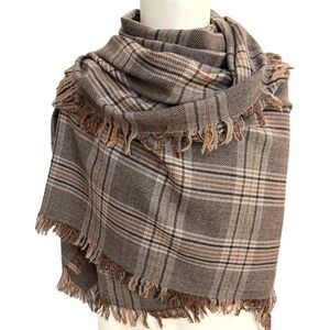 Oversized Wool Plaid Wrap Shawl – Extra Large Warm Winter Scarf – 35” x 85”
